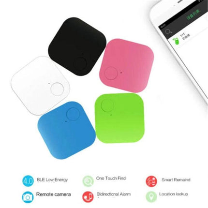 Smart Bluetooth Anti-Lost Device for Keys and Wallets showing five colorful square trackers with phone app and icons