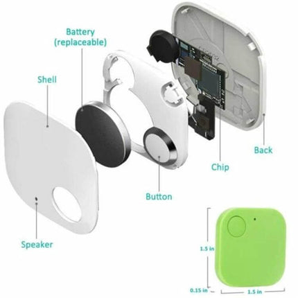Smart Bluetooth Anti-Lost Device for Keys and Wallets compact tracker showing exploded view with replaceable battery, chip, speaker and dimensions