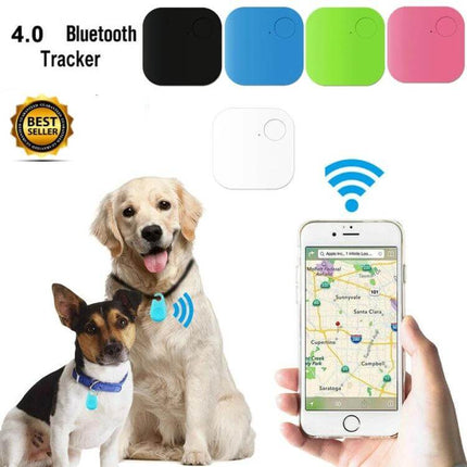 Smart Bluetooth Anti-Lost Device for Keys and Wallets shown on dogs and smartphone map tracking with colored trackers