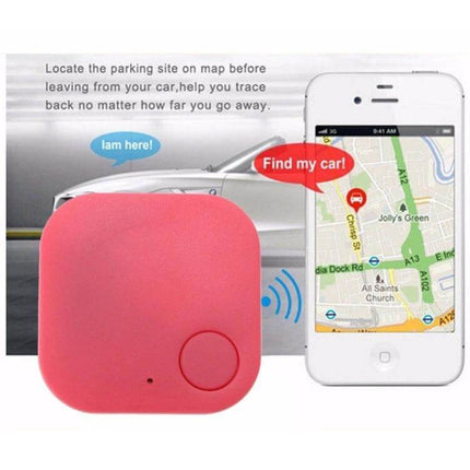 Smart Bluetooth Anti-Lost Device for Keys and Wallets showing pink tracker with smartphone map app locating car and items