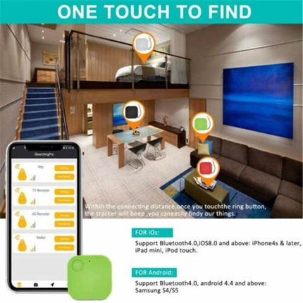 Smart Bluetooth Anti-Lost Device for Keys and Wallets attached to household items with smartphone app showing tracking within 25m range