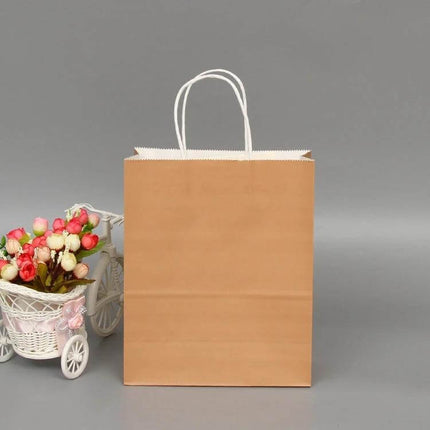 Kraft Paper Gift Bags With Handles, Assorted Sizes - plain brown kraft paper bag with white handles and decorative flowers