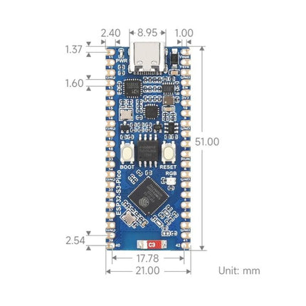 Waveshare ESP32-S3 Development Board for Wireless Projects top-down PCB layout with dimensions and USB-C connector