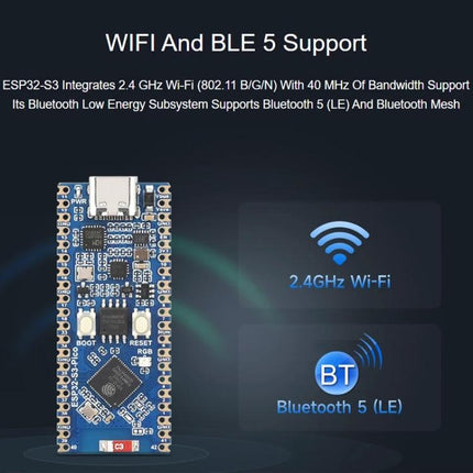 Waveshare ESP32-S3 Development Board for Wireless Projects showing 2.4GHz Wi‑Fi and Bluetooth 5 (LE) connectivity