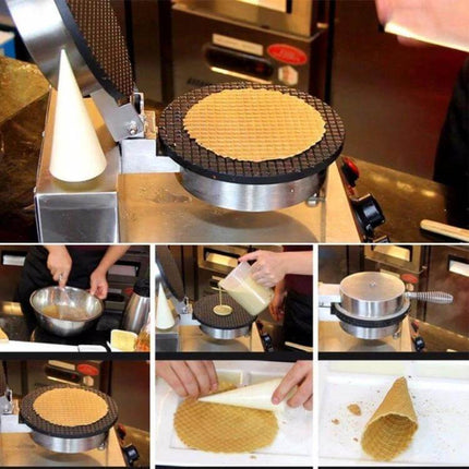 Cone And Waffle Maker For Home Use Versatile Kitchen Appliance showing waffle batter on stainless steel cone and waffle maker with rolled cone result
