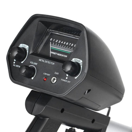 Portable Underground Metal Detector for Outdoor Treasure Hunting - handheld control panel with dial, volume, sensitivity and target indicator display