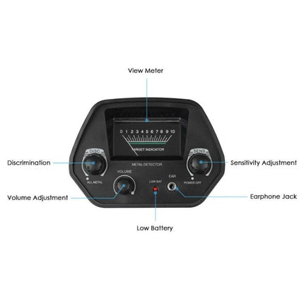Portable Underground Metal Detector for Outdoor Treasure Hunting control panel with view meter, sensitivity, discrimination, volume, earphone jack, low battery indicator