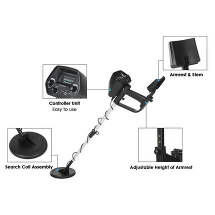 Portable Underground Metal Detector for Outdoor Treasure Hunting - handheld unit with controller, adjustable armrest, and search coil assembly