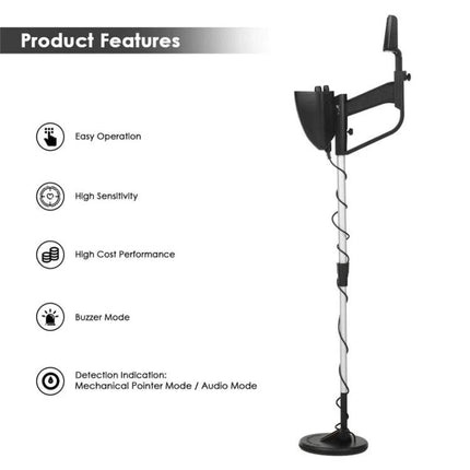 Portable Underground Metal Detector for Outdoor Treasure Hunting showing handheld detector with control arm, coil and feature icons for easy operation
