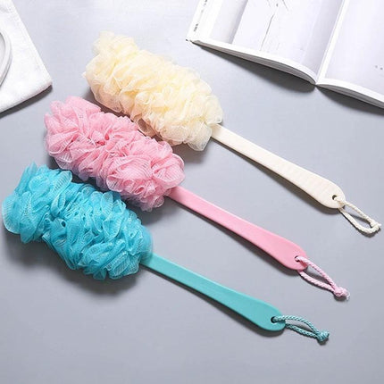 Essential Mesh Brush for Reaching Your Back in Daily Showers - three soft PE mesh back brushes in blue, pink, and cream with long handles