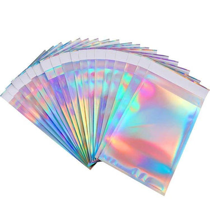 Laser Self-Sealing Plastic Envelopes Mailing Bags Set 100 Pack iridescent holographic mailing pouches with top adhesive seal for snacks and small items