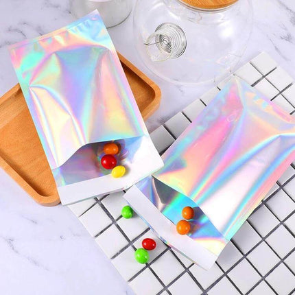 Laser Self-Sealing Plastic Envelopes Mailing Bags Set 100 Pack — holographic self-sealing mailing bags for snacks and small items, 3-side seal, laser-ready surface