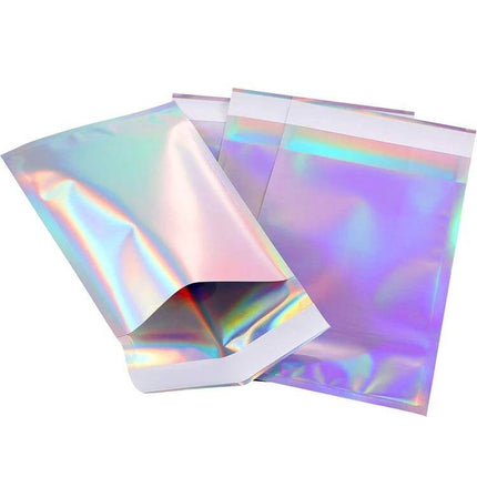 Laser Self-Sealing Plastic Envelopes Mailing Bags Set 100 Pack iridescent holographic mailing bags with top adhesive closure and laser-ready surface