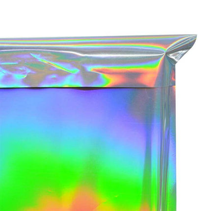 Laser Self-Sealing Plastic Envelopes Mailing Bags Set 100 Pack holographic top-sealed mailing bag corner showing three-side seal and laser-printable surface