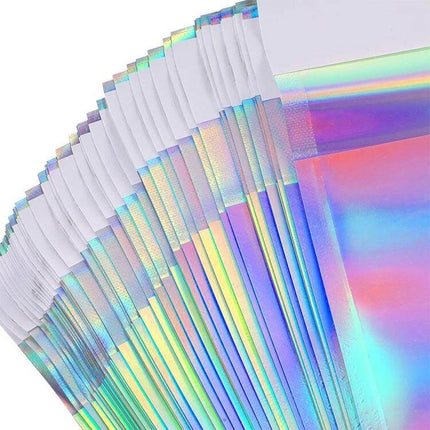 Laser Self-Sealing Plastic Envelopes Mailing Bags Set 100 Pack holographic laser-ready self-seal mailing bags for food and small items, 3-side seal, top adhesive