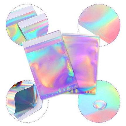Laser Self-Sealing Plastic Envelopes Mailing Bags Set 100 Pack - holographic laser-ready self-sealing mailing bags for snacks, coffee, tea, small items