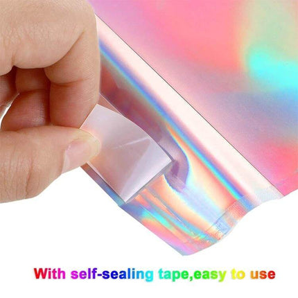 Laser Self-Sealing Plastic Envelopes Mailing Bags Set 100 Pack - holographic pouch with top adhesive self-sealing tape for secure mailing of small dry goods