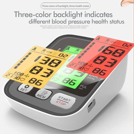 Sphygmomanometer For Home Use With Tri Color Backlight showing large tri-color backlit LCD (green,yellow,red) displaying blood pressure and pulse readings