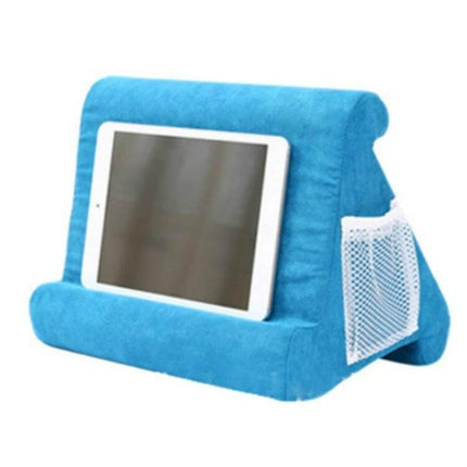 Multifunctional Cushioned Pillow Stand for Laptops and Tablets holding a tablet in blue cotton blend with mesh pocket