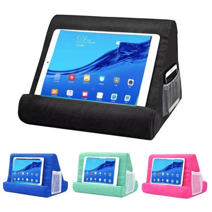 Multifunctional Cushioned Pillow Stand for Laptops and Tablets in black showing tablet holder with side pocket