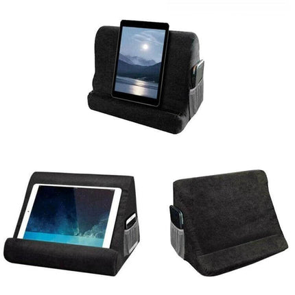 Multifunctional Cushioned Pillow Stand for Laptops and Tablets holding tablet and phone in black cotton blend pillow stand