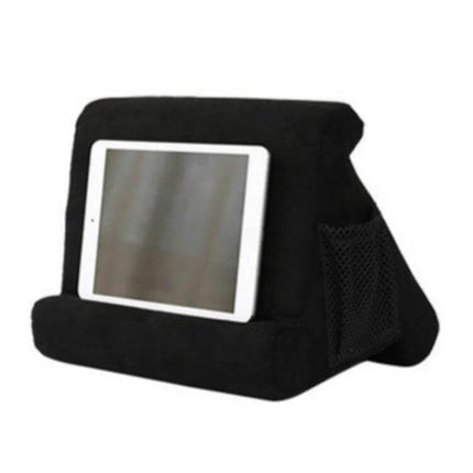 Multifunctional Cushioned Pillow Stand for Laptops and Tablets - black cotton blend lap stand with tablet holder and side mesh pocket