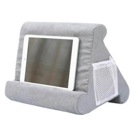 Multifunctional Cushioned Pillow Stand for Laptops and Tablets holding a tablet on a gray cotton blend lap pillow with side mesh pocket