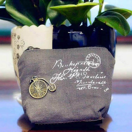 Vintage Mini Coin Purse Compact Change Wallet For Everyday Use small gray sackcloth coin purse with zipper and bicycle charm