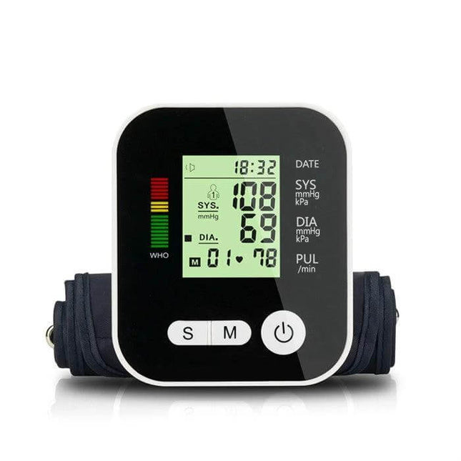 Arm Type Automatic Blood Pressure Monitor With Voice showing LCD readings of 108/69 mmHg pulse 78 and arm cuff, audible prompts for seniors