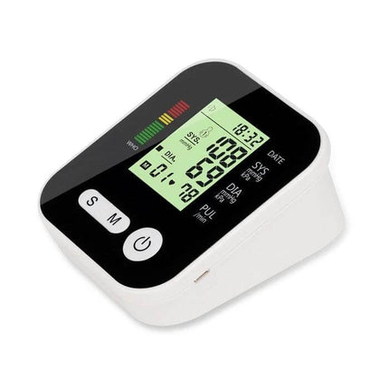 Arm Type Automatic Blood Pressure Monitor With Voice showing LCD readings, pulse, cuff and audible prompts, ideal for seniors and home monitoring