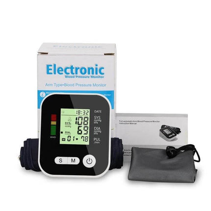 Arm Type Automatic Blood Pressure Monitor With Voice digital arm cuff monitor showing LCD readings, pulse and accessories for home use