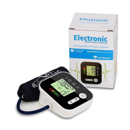 Arm Type Automatic Blood Pressure Monitor With Voice showing cuff, LCD readings and packaging for home use
