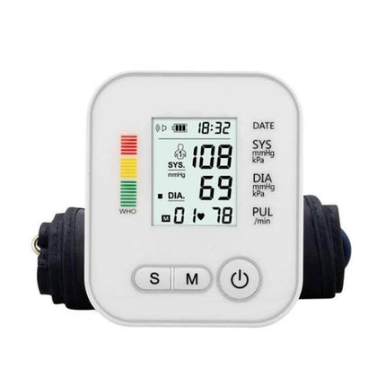Arm Type Automatic Blood Pressure Monitor With Voice showing LCD readout 108/69 pulse 78 and cuff, ideal for home and senior use
