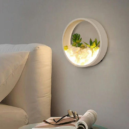 Decorative Wall Lamp for Bedside and Living Room Settings — round wall sconce with soft light and small succulents creating cozy bedside ambiance