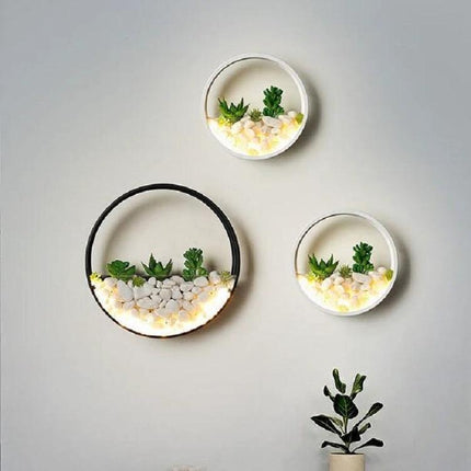 Decorative Wall Lamp for Bedside and Living Room Settings mounted as round planters with soft LED lighting and succulents creating cozy wall decor