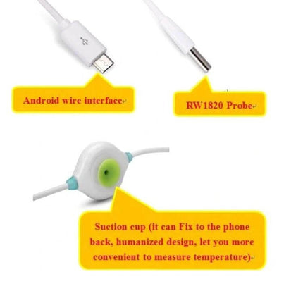 Pcsensor Milk Powder And Fish Tank Thermometer USB Probe showing USB Android wire, RW1820 probe and suction cup for phone mounting