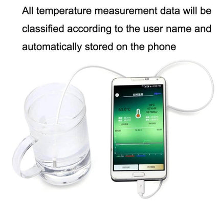 Pcsensor Milk Powder And Fish Tank Thermometer USB Probe showing USB probe in water and app on phone with temperature readout