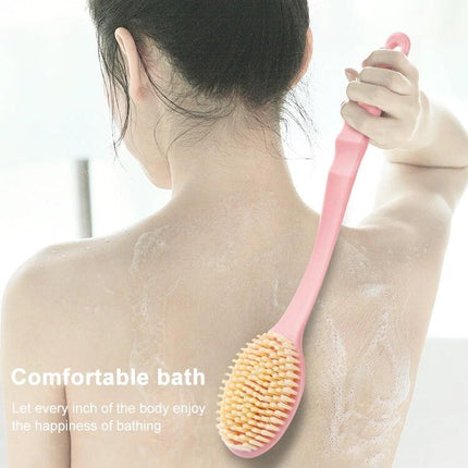 Bath Brush for Reaching Back During Daily Showers - pink long-handled brush with soft nylon bristles scrubbing a woman’s back in shower