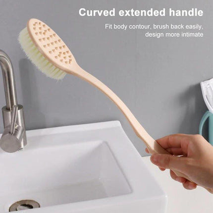 Bath Brush for Reaching Back During Daily Showers with curved extended handle and soft nylon bristles for gentle back cleaning