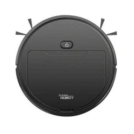 Compact Automatic Robot Vacuum for Floor Sweeping and Mopping in black, top view showing power button and side brushes for hard-floor cleaning