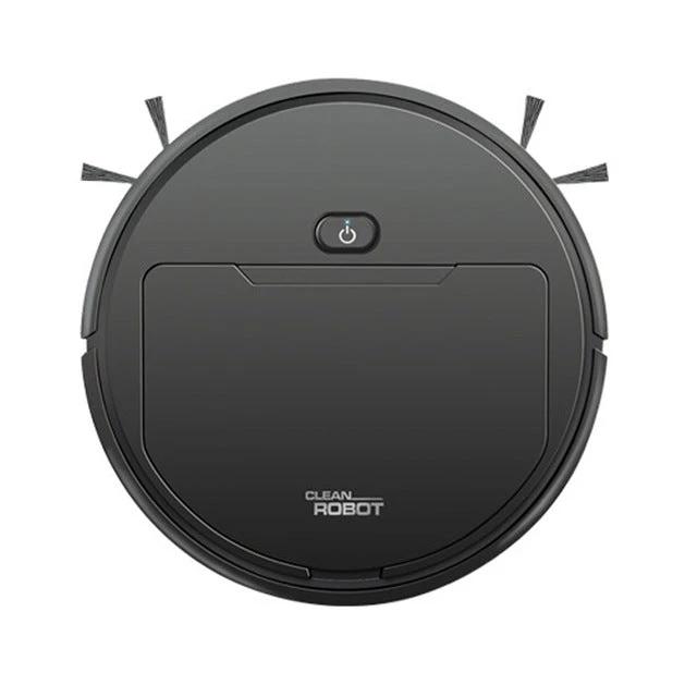 Compact Automatic Robot Vacuum for Floor Sweeping and Mopping in black, top view showing power button and side brushes for hard-floor cleaning