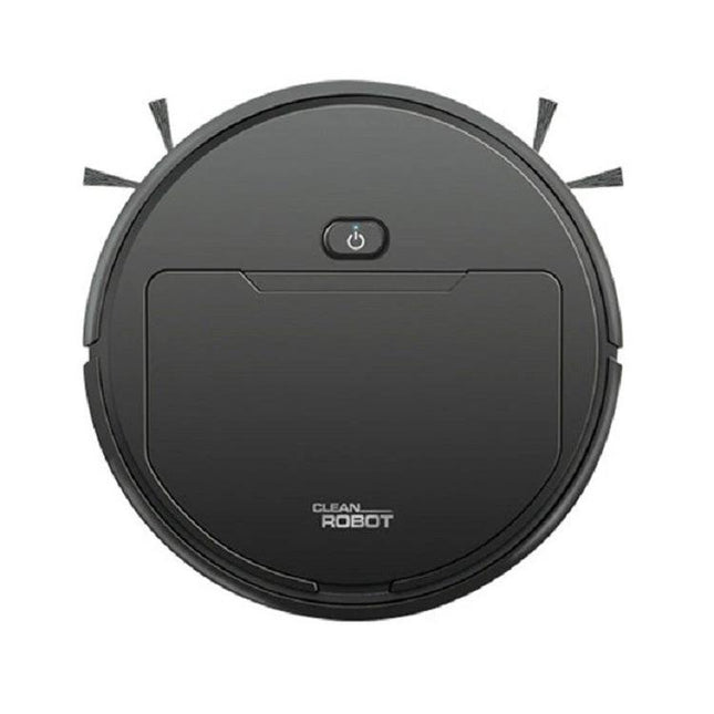 Compact Automatic Robot Vacuum for Floor Sweeping and Mopping - compact black round robot vacuum with side brushes and power button