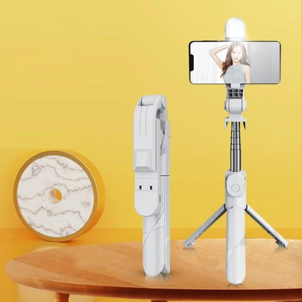 Compact Tripod Selfie Stick for Daily Photo Adventures — portable white selfie stick tripod with phone mount and LED light for steady everyday photos