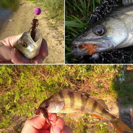 Larvae Silicone Soft Bait Lure 10 cm For Pond And River Fishing - three images showing lure in fish mouths and on hook, brown silicone larva bait
