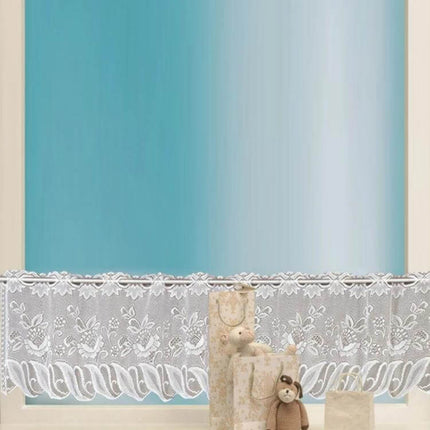 White Translucent Lace Curtain Panels For Bedroom Windows, two-panel polyester set with floral lace and rope hanging, soft diffused light