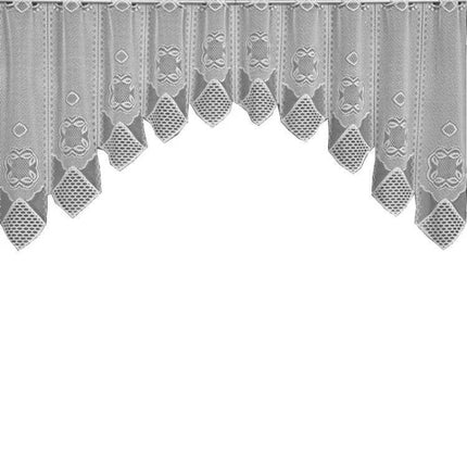 White Translucent Lace Curtain Panels For Bedroom Windows, two-panel polyester set with scalloped lace valance and rope hanging