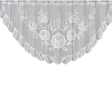 White Translucent Lace Curtain Panels For Bedroom Windows, two-panel polyester set with floral scalloped edge and rope hanging