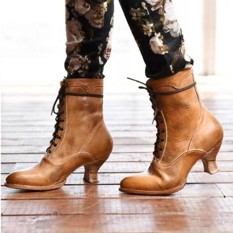 Women's Retro PU Leather High Heel Lace-Up Boots with Round Toe in Large Sizes