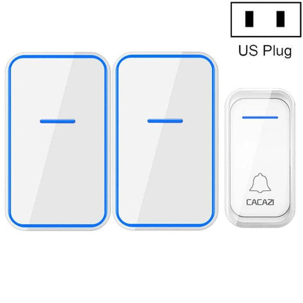 CACAZI Wireless Doorbell with Remote Control for Home Use shown with two white blue receiver units and a waterproof transmitter with US plug