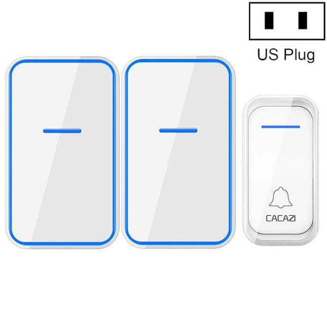 CACAZI Wireless Doorbell with Remote Control for Home Use shown with two white blue receiver units and a waterproof transmitter with US plug